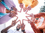Friends, hands and people outdoor with star symbol for trust, community and fun. Diversity, happiness and below gen z group of men and women with solidarity for teamwork, youth and freedom in nature