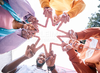 Buy stock photo Friends, hands and people outdoor with star symbol for trust, community and fun. Diversity, happiness and below gen z group of men and women with solidarity for teamwork, youth and freedom in nature