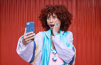 Buy stock photo Wow, surprise and woman with smartphone, gossip and announcement on a red wall background. Person, model and girl with a cellphone, expression or shock with notification, social media or wtf reaction