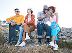 Gen z, friends and relax outdoor with phone, vacation and skateboard for selfie, memory and conversation in nature. Young men, women and students with smile, smartphone and summer memory in Cape Town