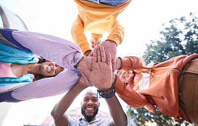 Buy stock photo Friends, gen z and hands, stack and outdoor with support, trust and solidarity, diversity and low angle. Palm, group of people and young in city, community and friendship, team and bonding together