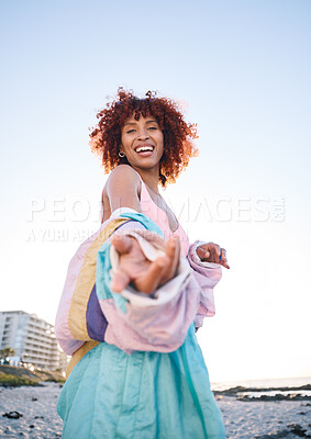 Buy stock photo Portrait smile, woman and helping hand, offer or invitation at beach in low angle mockup space. Happy, palm and African person giving assistance in support, care or acceptance of handshake to welcome