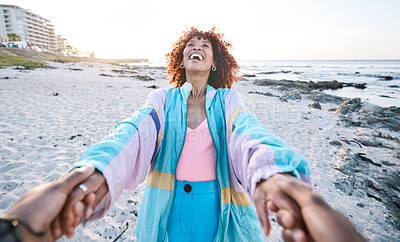Buy stock photo Pov, beach and happy black woman holding hands with man, boyfriend or husband for travel, adventure and sand. Ocean, couple and connection on outdoor date for adventure, vacation, sunshine and fun