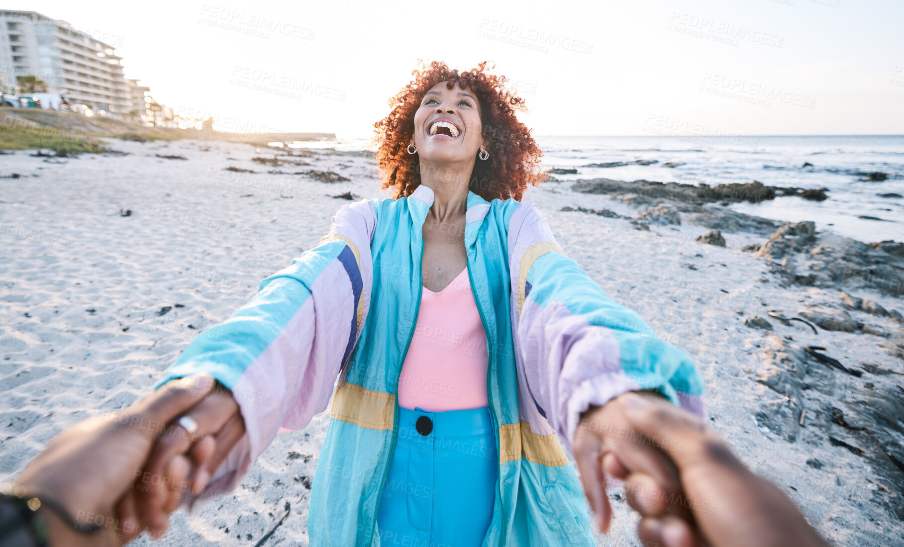 Buy stock photo Pov, beach and happy black woman holding hands with man, boyfriend or husband for travel, adventure and sand. Ocean, couple and connection on outdoor date for adventure, vacation, sunshine and fun