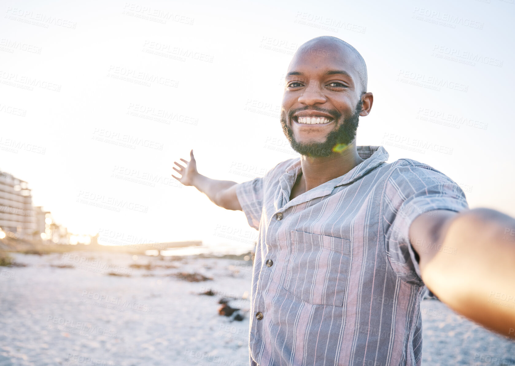 Buy stock photo Selfie, beach and man with a smile for travel, social media and profile picture with freedom. Sea, African male person and portrait with photo with vacation and holiday influencer post on Miami trip