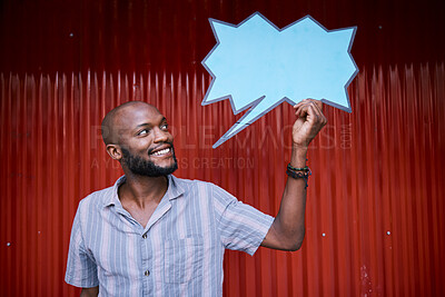 Buy stock photo African man, outdoor and speech bubble with thinking, ideas and promotion with mockup space for social media. Student, gen z guy and ideas with blank poster, billboard or presentation for feedback