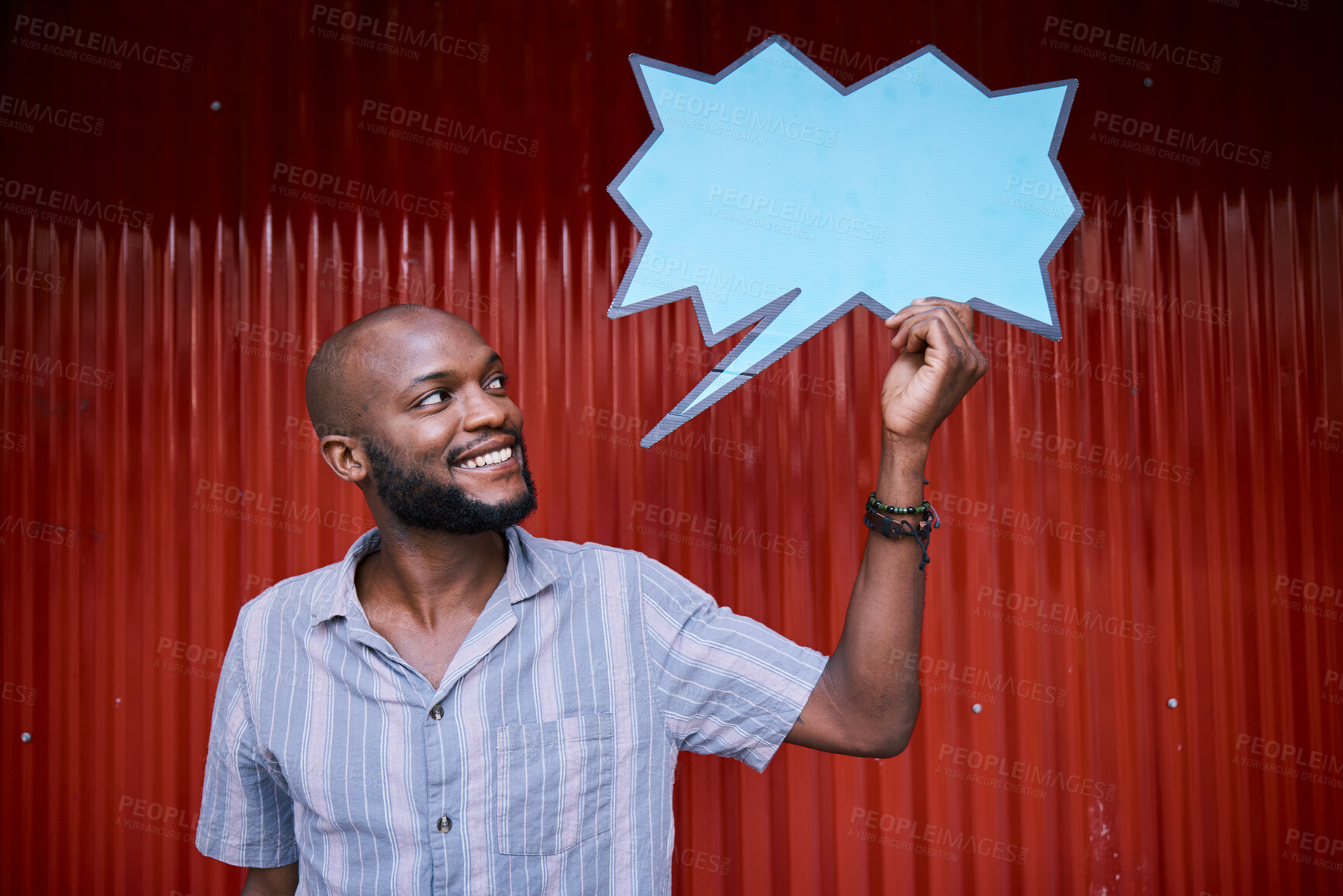 Buy stock photo African man, outdoor and speech bubble with thinking, ideas and promotion with mockup space for social media. Student, gen z guy and ideas with blank poster, billboard or presentation for feedback