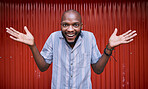 Excited, decision and portrait of black man with choice happy for surprise and winning in a red background. Smile, joy and amazed young person with announcement, news and casual fashion style