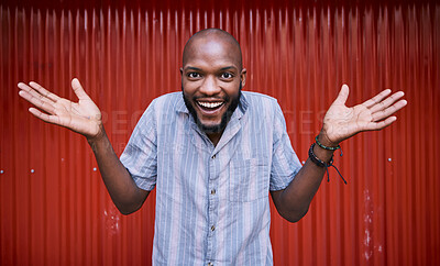 Buy stock photo Excited, decision and portrait of black man with choice happy for surprise and winning in a red background. Smile, joy and amazed young person with announcement, news and casual fashion style