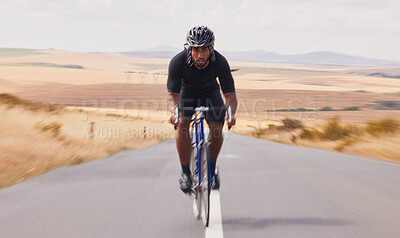 Buy stock photo Portrait, street and man on a bike for travel, countryside cycling or training for a competition. Serious, fitness and a male cyclist with a bicycle in the road for a race, adventure or nature cardio