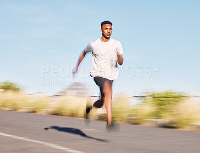 Buy stock photo Man, training and running on road in mountain, nature or outdoor exercise and athlete moving with speed, motion or workout. Male, fitness and runner in morning cardio, sports or goals for wellness