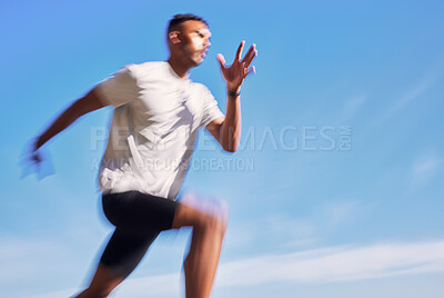 Buy stock photo Fitness, exercise and speed of a man running outdoor for workout or training. Blurred athlete person or fast runner in nature for resilience, cardio performance or health on sky mockup space