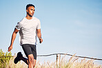 Man, running and training on road in mountain, nature or outdoor exercise and athlete in healthy workout or fitness. Male, runner and morning cardio, sports in summer or mockup of goals or motivation
