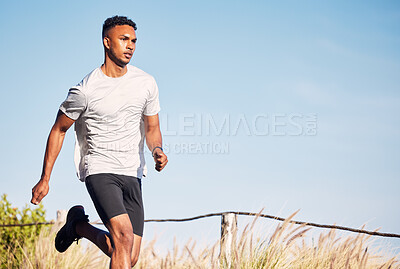 Buy stock photo Man, running and training on road in mountain, nature or outdoor exercise and athlete in healthy workout or fitness. Male, runner and morning cardio, sports in summer or mockup of goals or motivation
