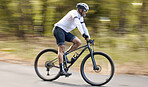 Nature, mountain bike or sports man travel, action and ride bicycle for triathlon challenge, journey or cardio. Cycling competition, fast motion blur or profile of cyclist training for race in France