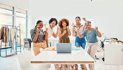Buy stock photo Success, laptop or happy people in celebration of fashion design victory or winning group achievement. Online sale, wow or excited designers cheering for teamwork, goal target or bonus promotion deal