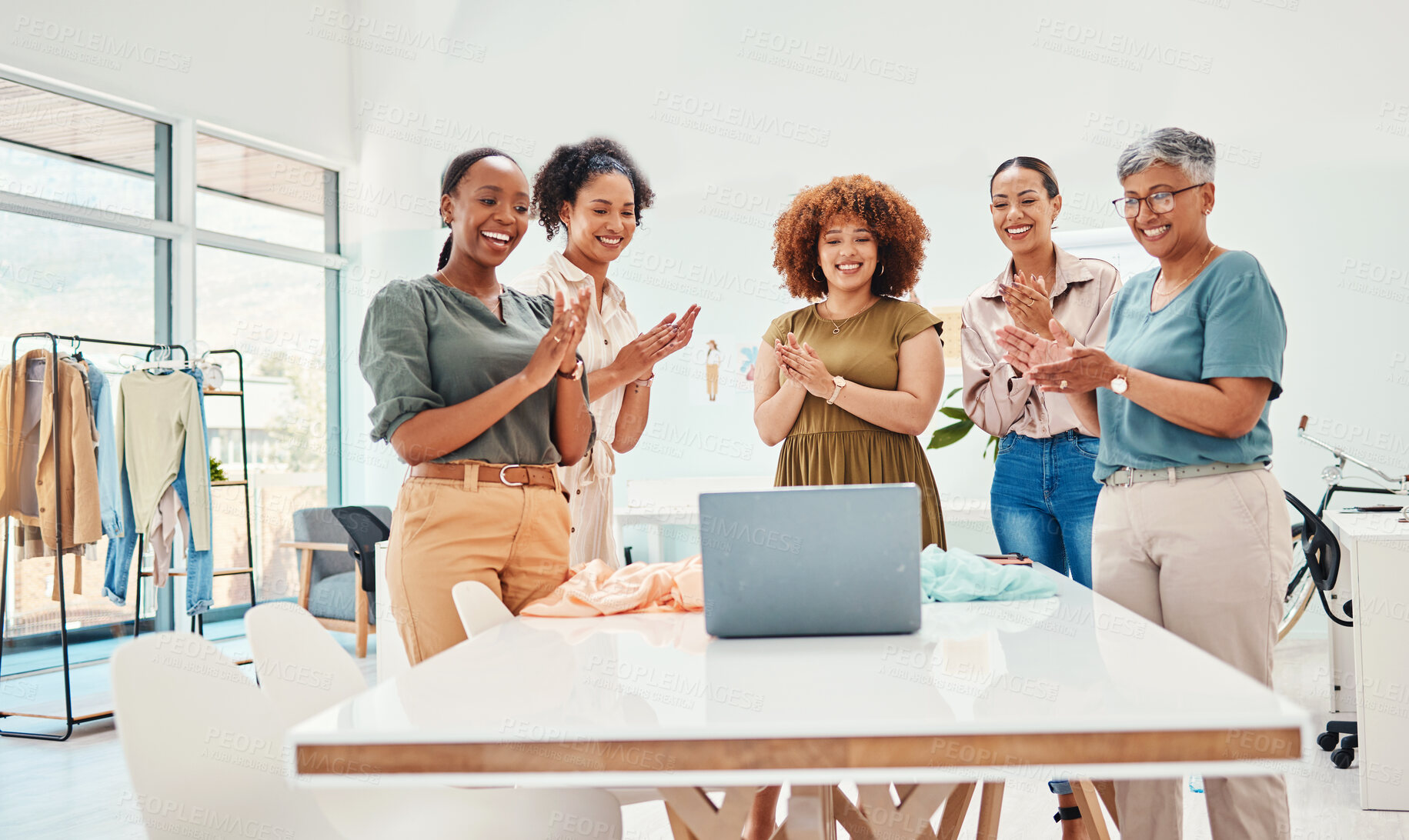 Buy stock photo Success, happy people or applause in meeting for fashion design bonus, growth or achievement. Laptop, proud or designers clapping hands in celebration of teamwork, goal target or promotion in startup