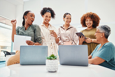 Buy stock photo Laptop, meeting and business women in office in discussion for teamwork brainstorming. Collaboration, planning and professional female people with technology for creative website launch in workplace.