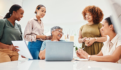 Buy stock photo Happy fashion designers, teamwork or women with laptop for planning or online draft for clothing line. Smile, computer or group of employees talking to a funny mature mentor for advice in internship