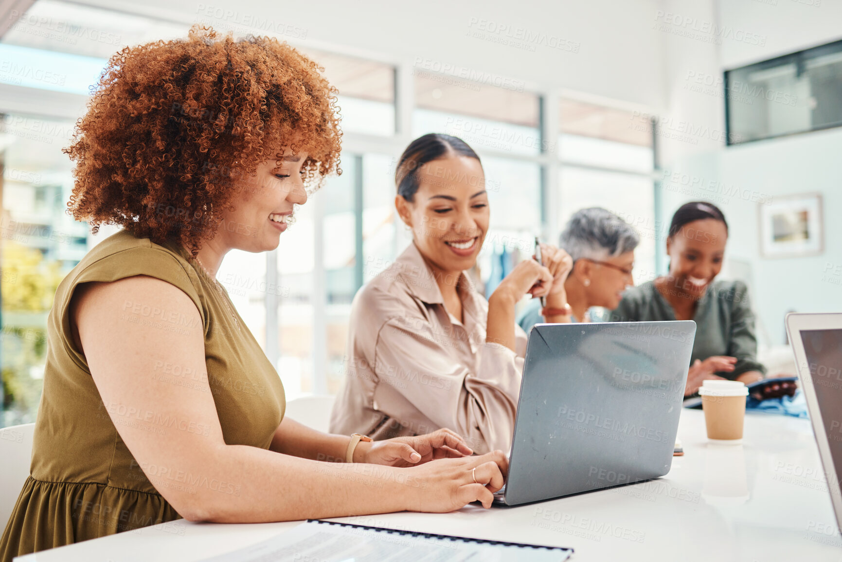 Buy stock photo Designer, fashion and team of women on laptop, planning and brainstorming in startup office. Tailor smile, collaboration and computer of creative people in meeting, internet email or research project