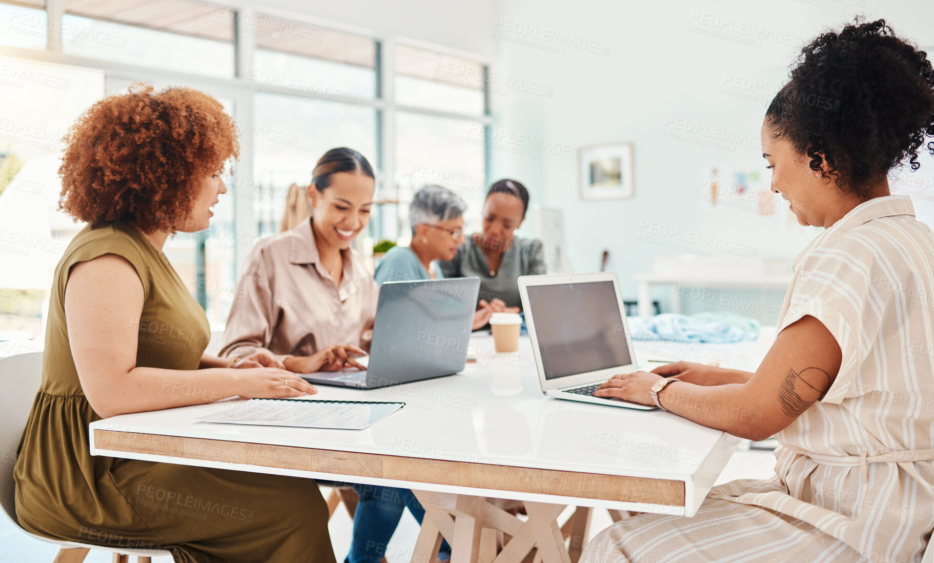 Buy stock photo Fashion, designer and group of women on laptop, planning or brainstorming project in startup office. Tailor teamwork, collaboration and computer of creative people in meeting, typing email and happy