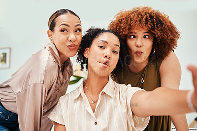 Buy stock photo Selfie, office or funny friends taking a photograph together for teamwork on workplace break. Fashion designers, crazy faces or excited group of happy people in a picture for a social media memory 