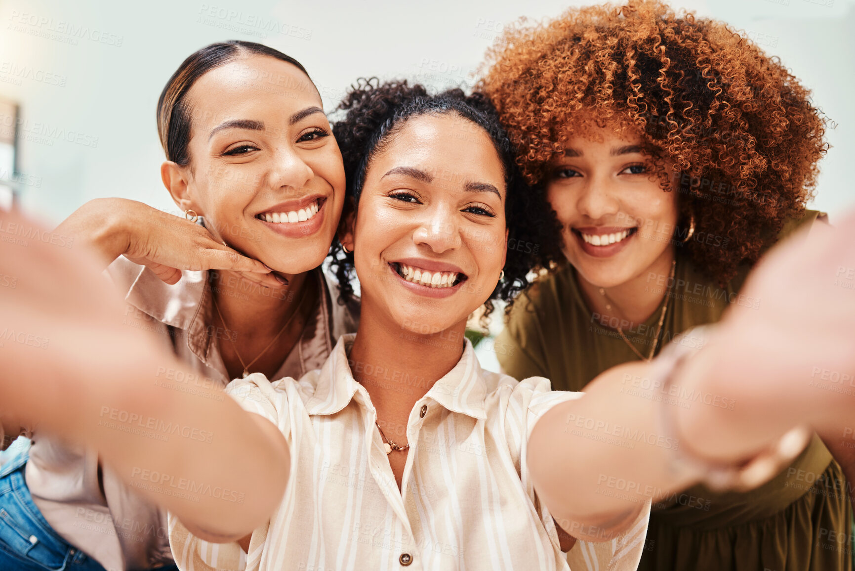 Buy stock photo Selfie, office or portrait of women taking a photograph together for teamwork on workplace break. Fashion designers, smile or excited group of happy friends in a picture for a social media memory