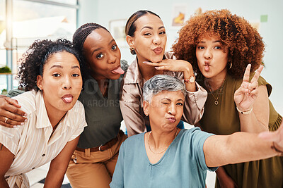 Buy stock photo Work, funny and portrait of women with a selfie for bonding, office fun and comic expression. Corporate, diversity and female employees taking a photo with a manager for collaboration or workforce