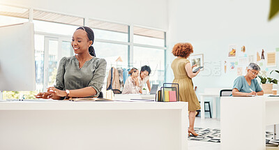 Buy stock photo Happy, coworking and a busy office of women for fashion, retail career and staff. Smile, diversity and an African employee in the workplace for design or styling at a company together in the morning