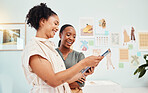 Tablet, teamwork and design with women in the fashion industry for creative planning or strategy. Technology, collaboration and a young designer with her colleague in a style agency startup together