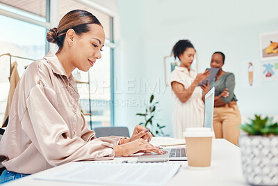 Buy stock photo Business woman, fashion designer and laptop for planning, online management and website for creative agency in office. Young worker or artist on computer for clothes marketing, e commerce or research