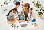Business women, meeting and computer planning, design teamwork or brainstorming for office website ideas. Group of women in collaboration and notebook or writing goals for branding with laptop above