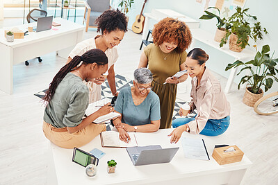 Buy stock photo Business women, meeting and computer planning, design teamwork or brainstorming for office website ideas. Group of women in collaboration and notebook or writing goals for branding with laptop above