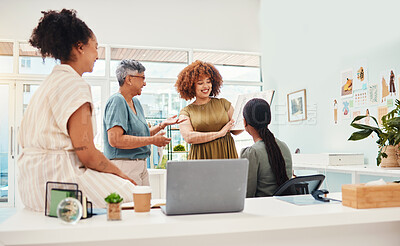 Buy stock photo Small business, fashion designer and women team in office for collaboration and brainstorming. Group of people in a modern workplace for creativity, ideas and productivity at a startup company