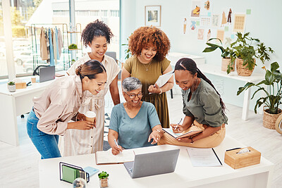 Buy stock photo Happy, teamwork or women with laptop for fashion design, planning or draft online for clothing line. Smile, mentor or mature designer speaking, training or talking to people for advice in internship 
