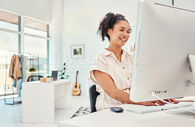 Buy stock photo Computer, fashion and design with a creative woman at work in her office for modern or artistic style. Smile, workshop and technology with a happy young designer working in a studio for creativity