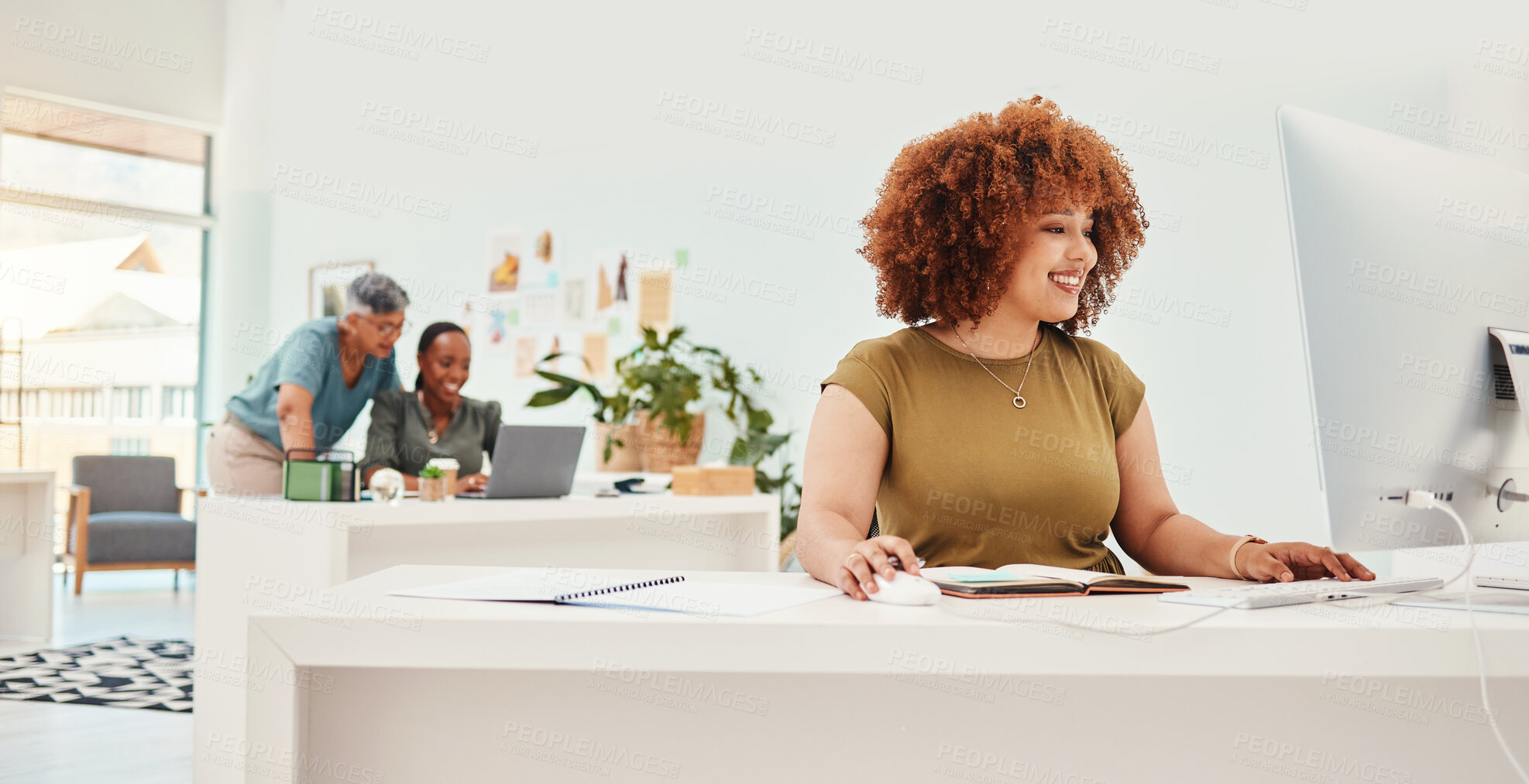 Buy stock photo Computer, fashion and creative with a designer woman at work in her office for modern or artistic style. Smile, workshop and technology with a happy young 
employee working in a design studio