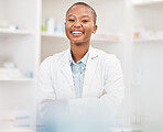 Crossed arms, smile and portrait of black woman pharmacist working in chemist for medication dispensary. Happy, confident and African pharmaceutical worker in medicine pharmacy for healthcare career.