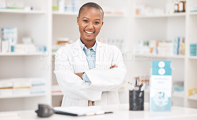 Buy stock photo Crossed arms, happy and portrait of woman pharmacist working in chemist for medication dispensary. Smile, confident and African female pharmaceutical worker in medicine pharmacy for healthcare career