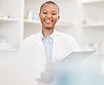 Checklist, smile and portrait of a woman pharmacist working in chemist for medication dispensary. Happy, clipboard and African female pharmaceutical worker in medicine pharmacy for healthcare career.