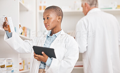 Buy stock photo Healthcare, pharmacy or black woman with a tablet, connection or research on medication or pill box for treatment. Medical, pharmaceutical or African person with tech, drugstore or check prescription