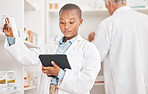 Inventory, pharmacy and black woman with a tablet, connection and research on medication or pill box for treatment. Healthcare, pharmaceutical and African person with technology or check prescription