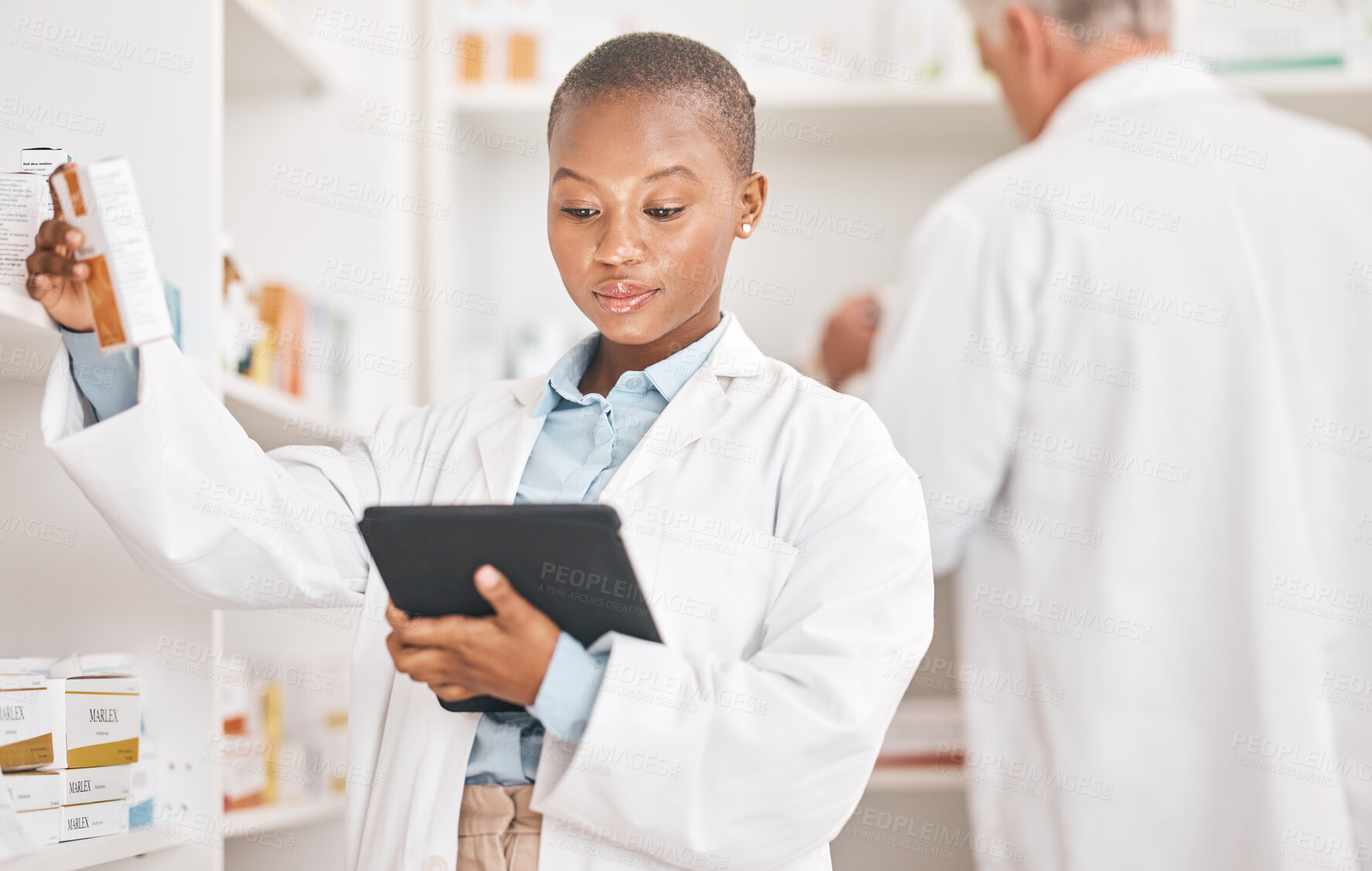 Buy stock photo Inventory, pharmacy and black woman with a tablet, connection and research on medication or pill box for treatment. Healthcare, pharmaceutical and African person with technology or check prescription