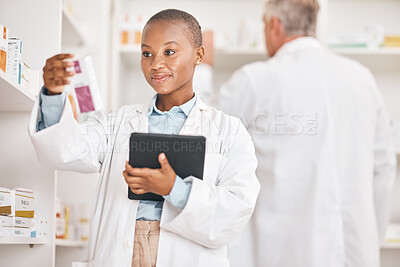 Buy stock photo Healthcare, pharmacist and black woman with a tablet, pill box and research on medication. Medical treatment, pharmaceutical and African person with technology, inventory and checking prescription