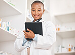 Inventory, pharmacist and black woman with a tablet, research and typing with network, update inventory and stock. African person, employee or medical professional with technology, check prescription