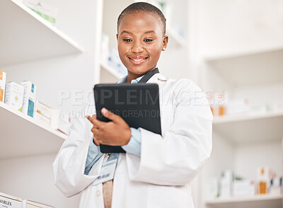 Buy stock photo Inventory, pharmacist and black woman with a tablet, research and typing with network, update inventory and stock. African person, employee or medical professional with technology, check prescription