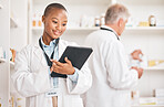 Smile, pharmacy and black woman with a tablet, connection and research on medication, prescription or treatment. Healthcare, pharmaceutical and African person with technology, medical stock and app