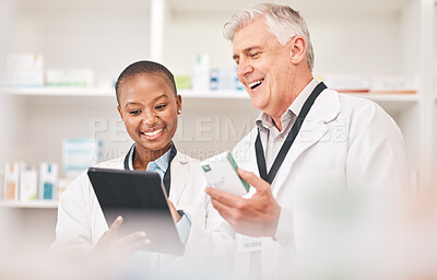 Tablet, medicine and health team in a pharmacy for research on a product, online order or prescription. Smile, technology or healthcare with a medical professional and colleague in a drugstore