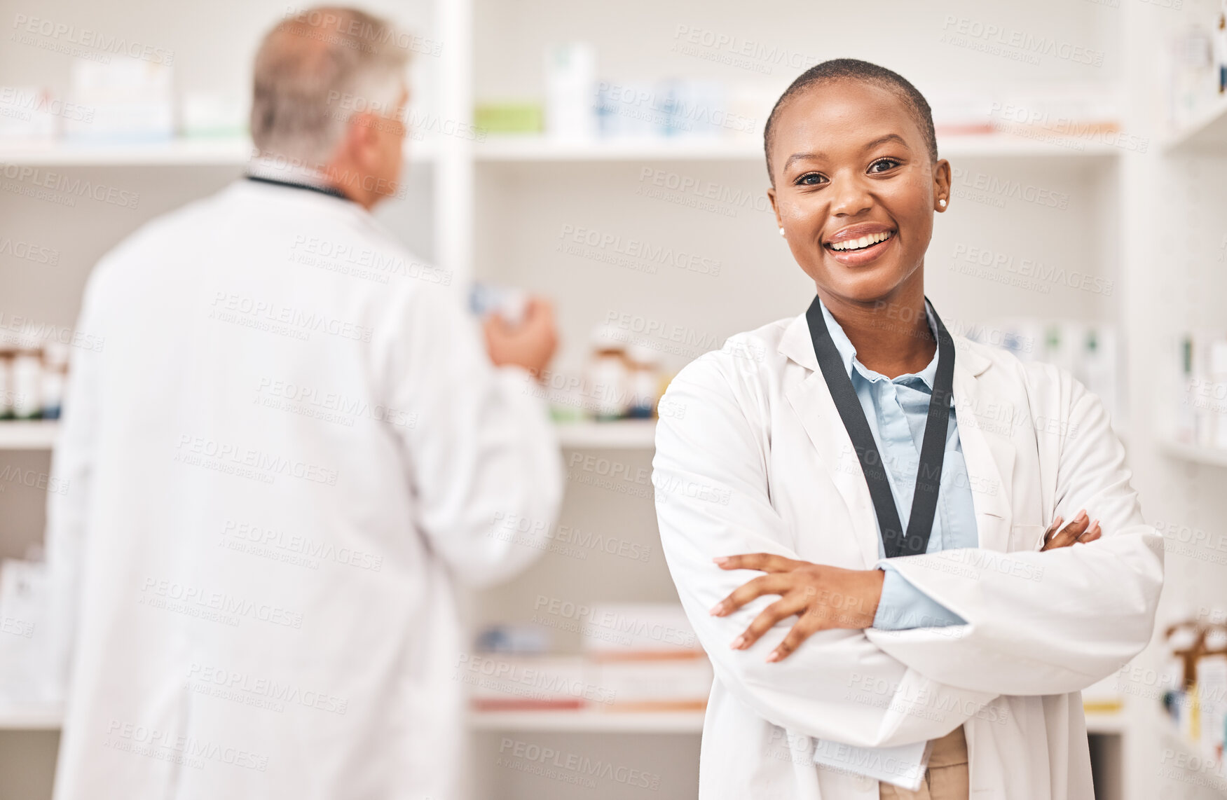 Buy stock photo Smile, portrait and black woman or pharmacist with arms crossed for healthcare and service. Happy, expert and African doctor or medical employee with confidence in nursing and pharmaceutical career