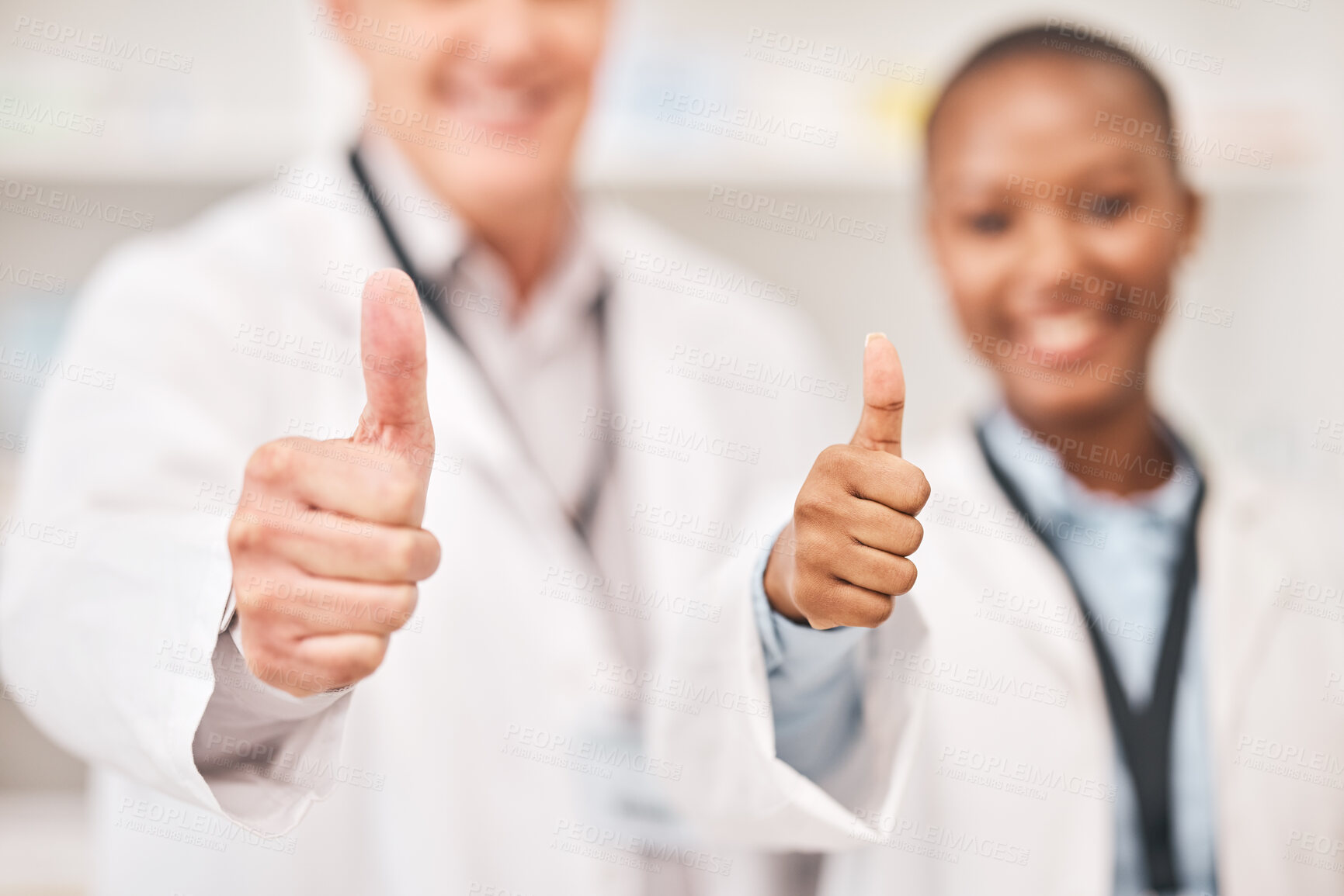 Buy stock photo Pharmacist man, woman and thumbs up in shop, retail store or hospital for feedback, review or good service. Pharmaceutical team, together and happy with icon, sign language and opinion in hospital